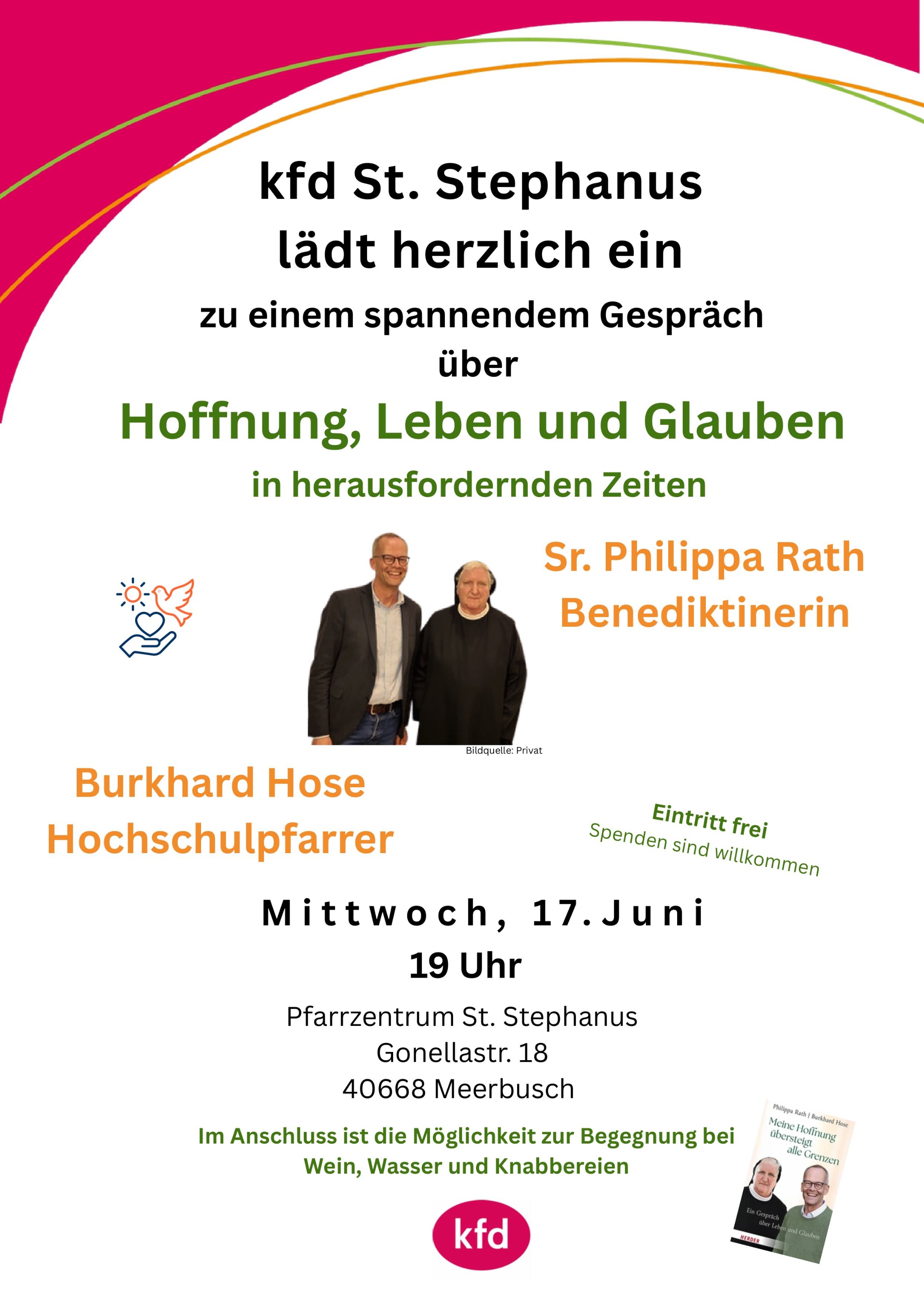 Plakat mit Einladung zu einem Gespräch über Hoffnung, Leben und Glauben mit Fotos von Sr. Philippa Rath und Burkhard Hose, Veranstaltungsdetails und rotem kfd-Logo.