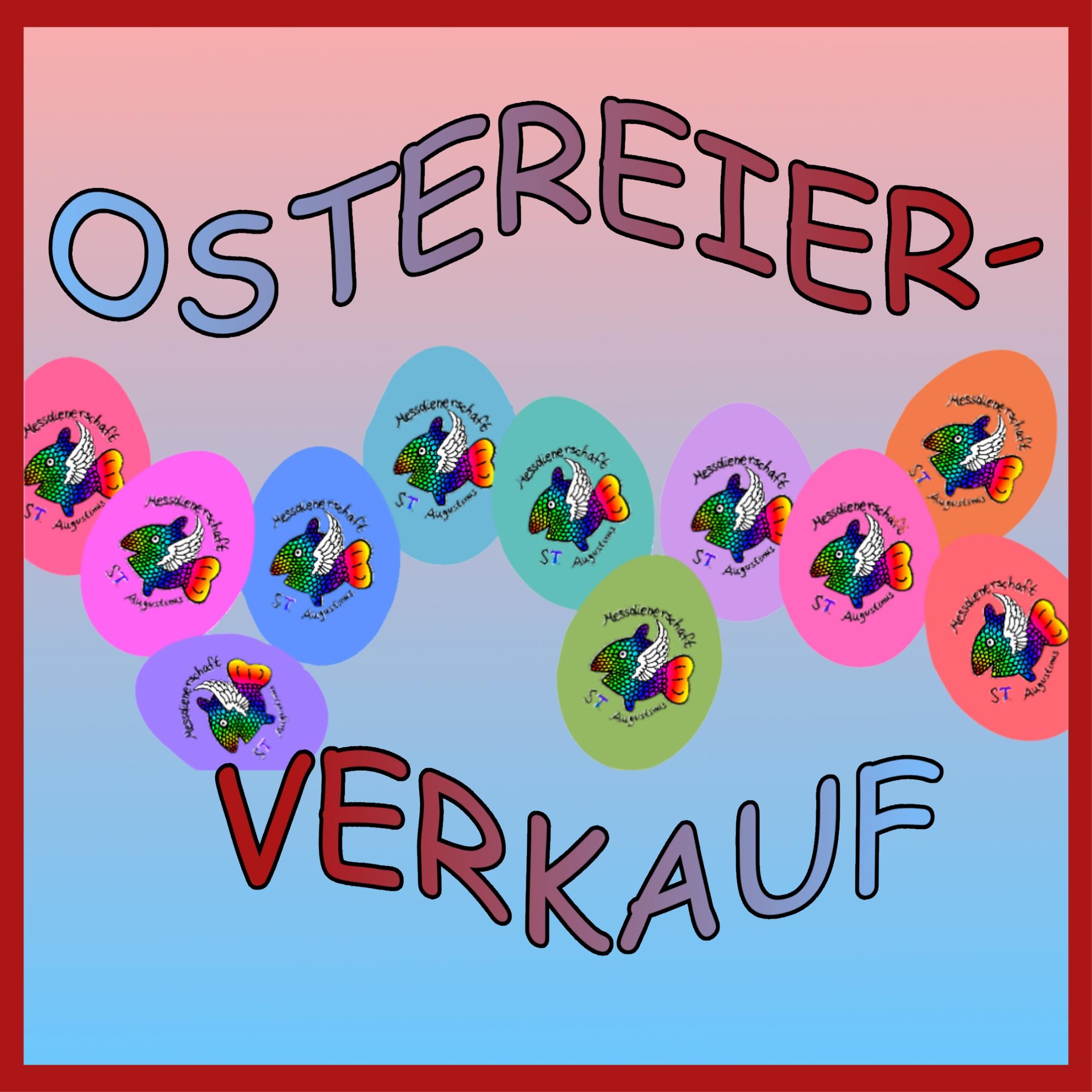 gemaltes Bild in rotem Rahmen: elf verschiedenfarbige Ostereier; darüber Titel