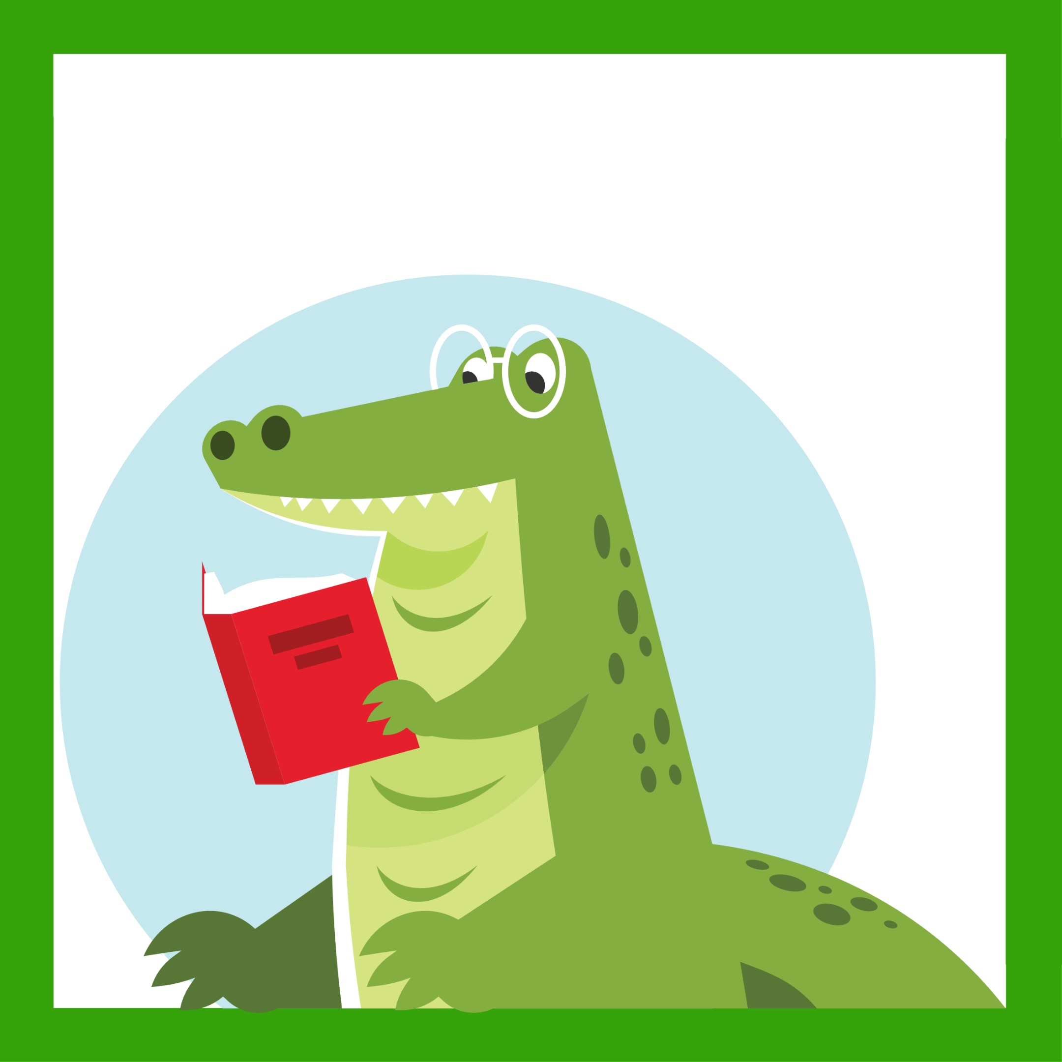 In einem grünen Rahmen ein Alligator im Cartoon-Stil liest ein rotes Buch.