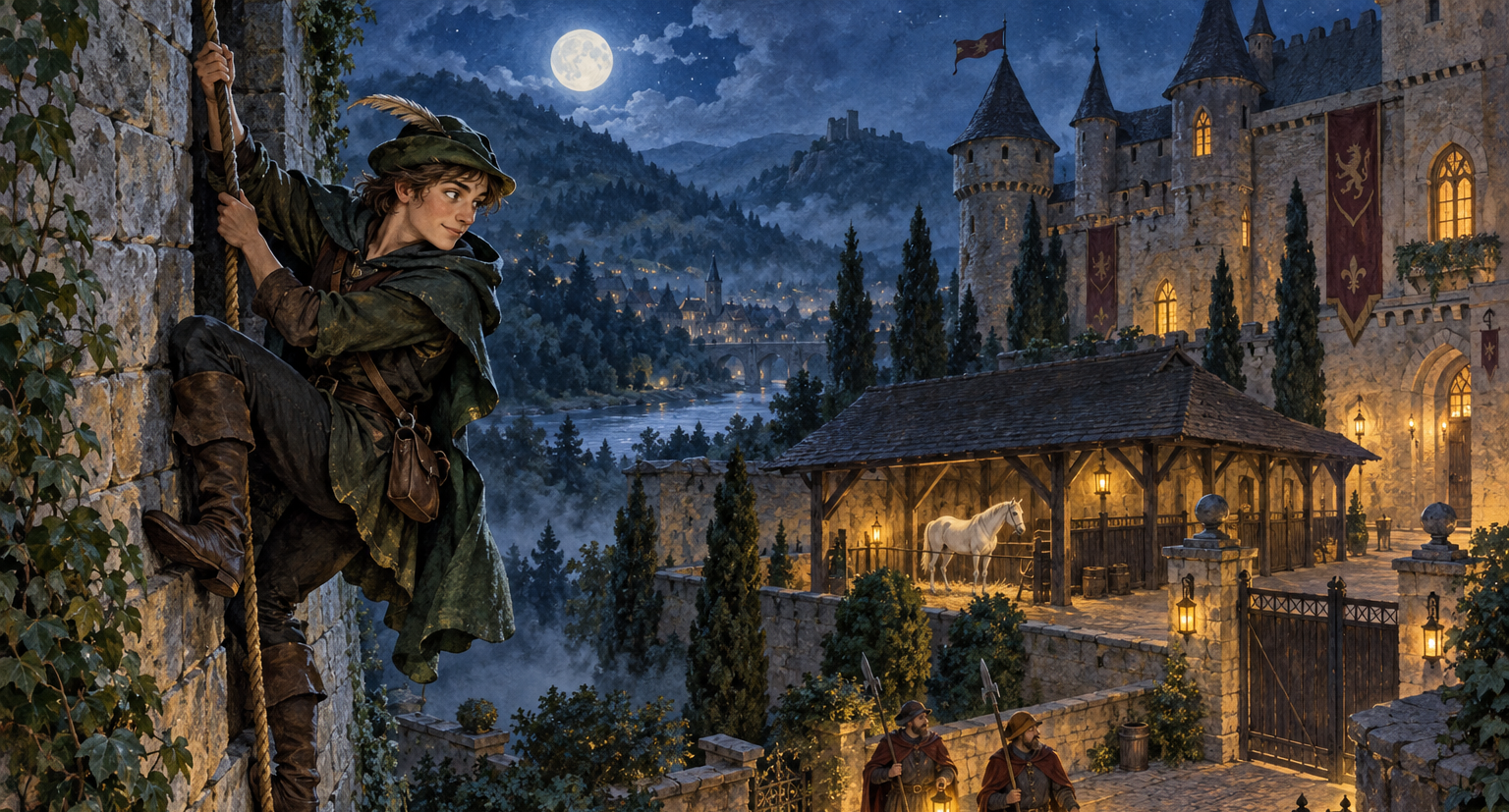Ein junger Robin Hood klettert die Mauer im Mondschein hoch, schaut zurück auf die Stadt, die beleuchtet ist.