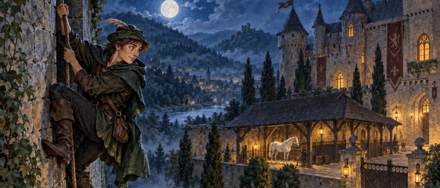 Ein junger Robin Hood klettert die Mauer im Mondschein hoch, schaut zurück auf die Stadt, die beleuchtet ist.