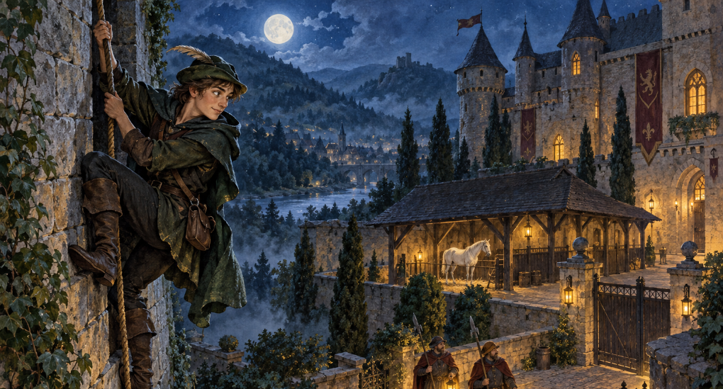 Ein junger Robin Hood klettert die Mauer im Mondschein hoch, schaut zurück auf die Stadt, die beleuchtet ist.