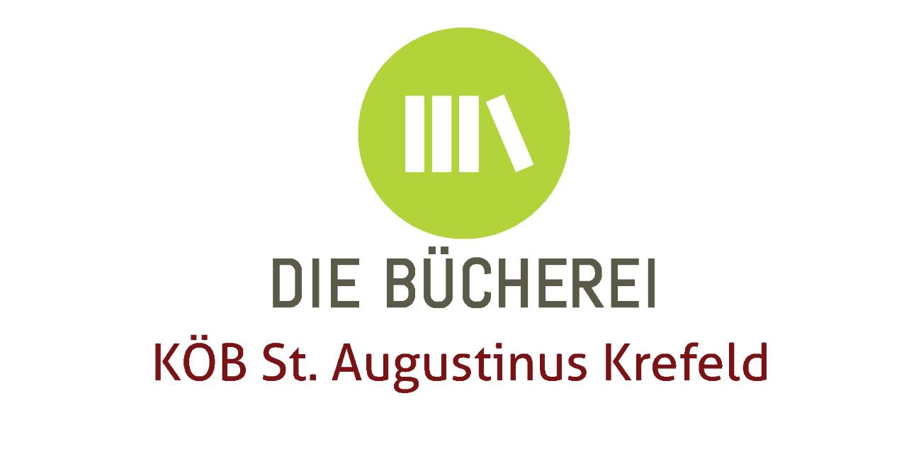 In einem grünen Kreis drei horizontale Bücher, ein schräg angelehntes Buch. Darunter der Schriftzug 'DIE BÜCHEREI' und 'KÖB St. Augustinus Krefeld'.