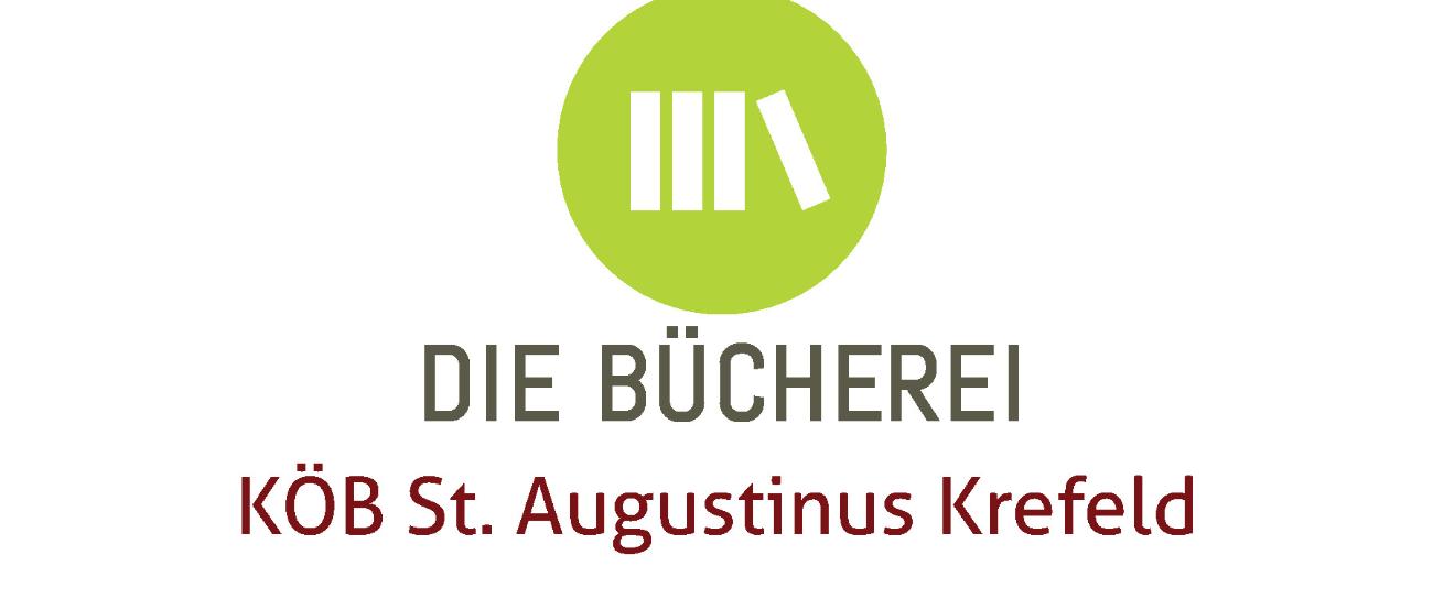 In einem grünen Kreis drei horizontale Bücher, ein schräg angelehntes Buch. Darunter der Schriftzug 'DIE BÜCHEREI' und 'KÖB St. Augustinus Krefeld'.