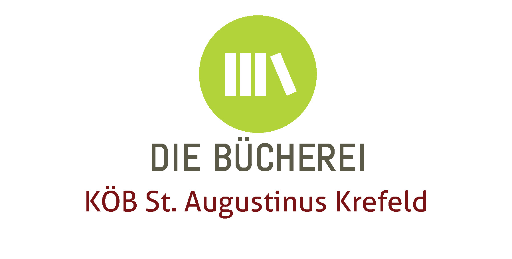 In einem grünen Kreis drei horizontale Bücher, ein schräg angelehntes Buch. Darunter der Schriftzug 'DIE BÜCHEREI' und 'KÖB St. Augustinus Krefeld'.