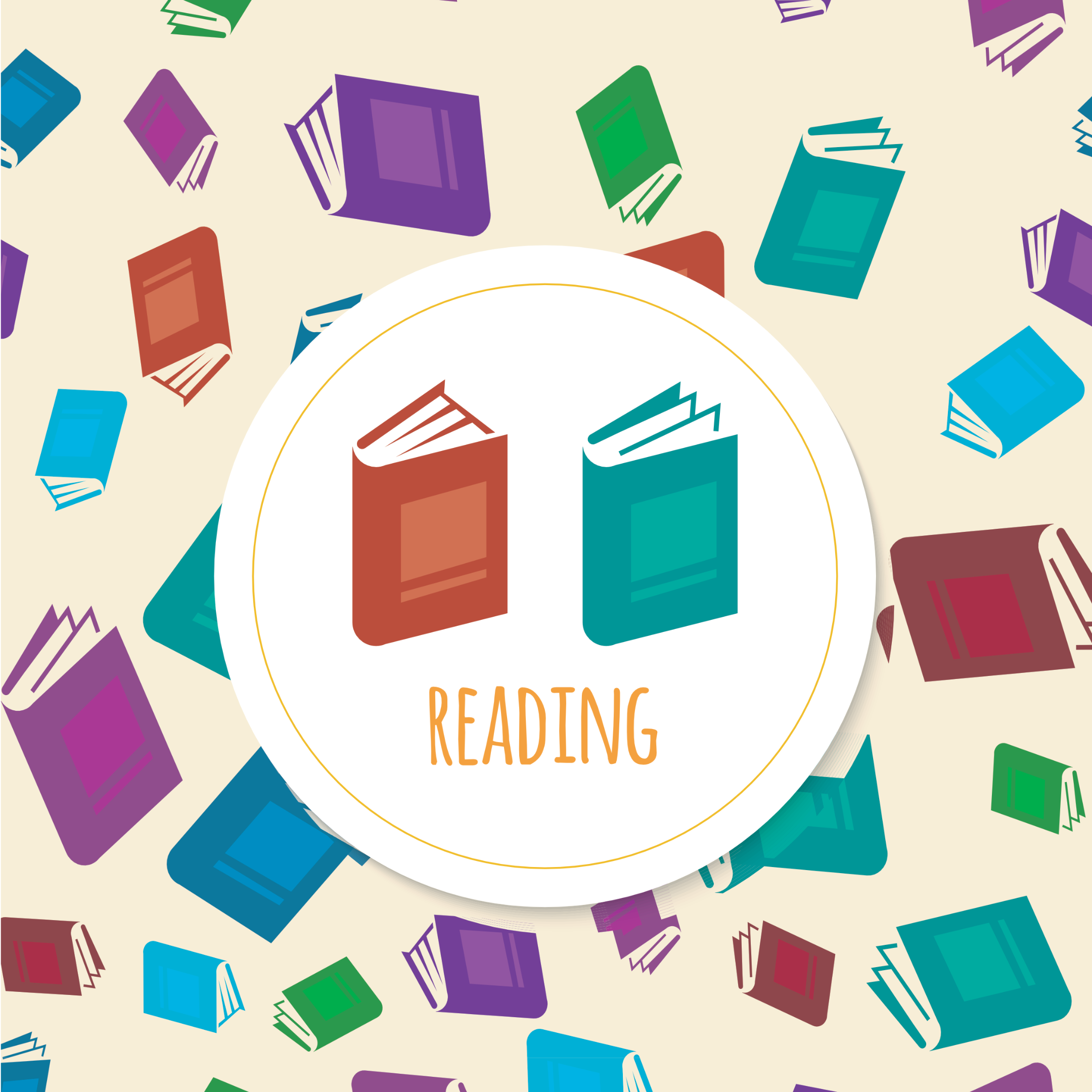 Viele farbige Bücher und ein weißer Kreis in der Mitte. Zwei Bücher (orange und türkis) sind in der Mitte, darunter der Schriftzug 'Reading'.
