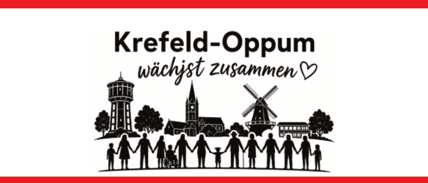 In einem roten Kasten: Schwarz-weiße Linienzeichnung mit Silhouetten von Menschen, die sich an den Händen halten, vor einer Stadtsilhouette mit Wasserturm, Kirche und Windmühle, darüber der Schriftzug 'Krefeld-Oppum wächst zusammen' mit Herzsymbol