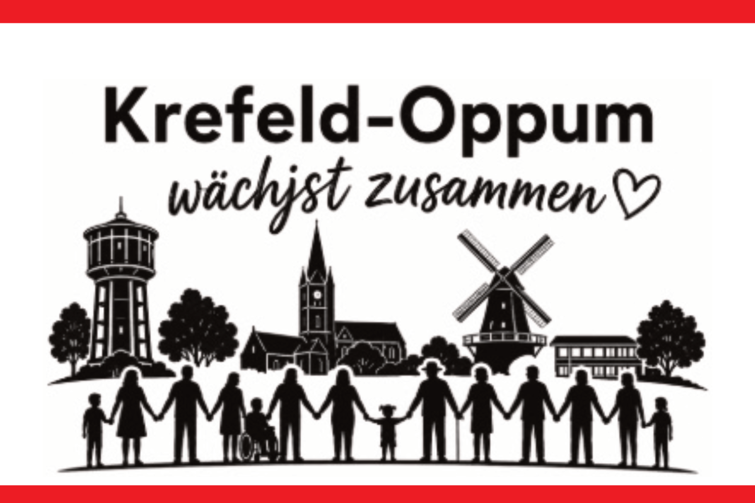 In einem roten Kasten: Schwarz-weiße Linienzeichnung mit Silhouetten von Menschen, die sich an den Händen halten, vor einer Stadtsilhouette mit Wasserturm, Kirche und Windmühle, darüber der Schriftzug 'Krefeld-Oppum wächst zusammen' mit Herzsymbol
