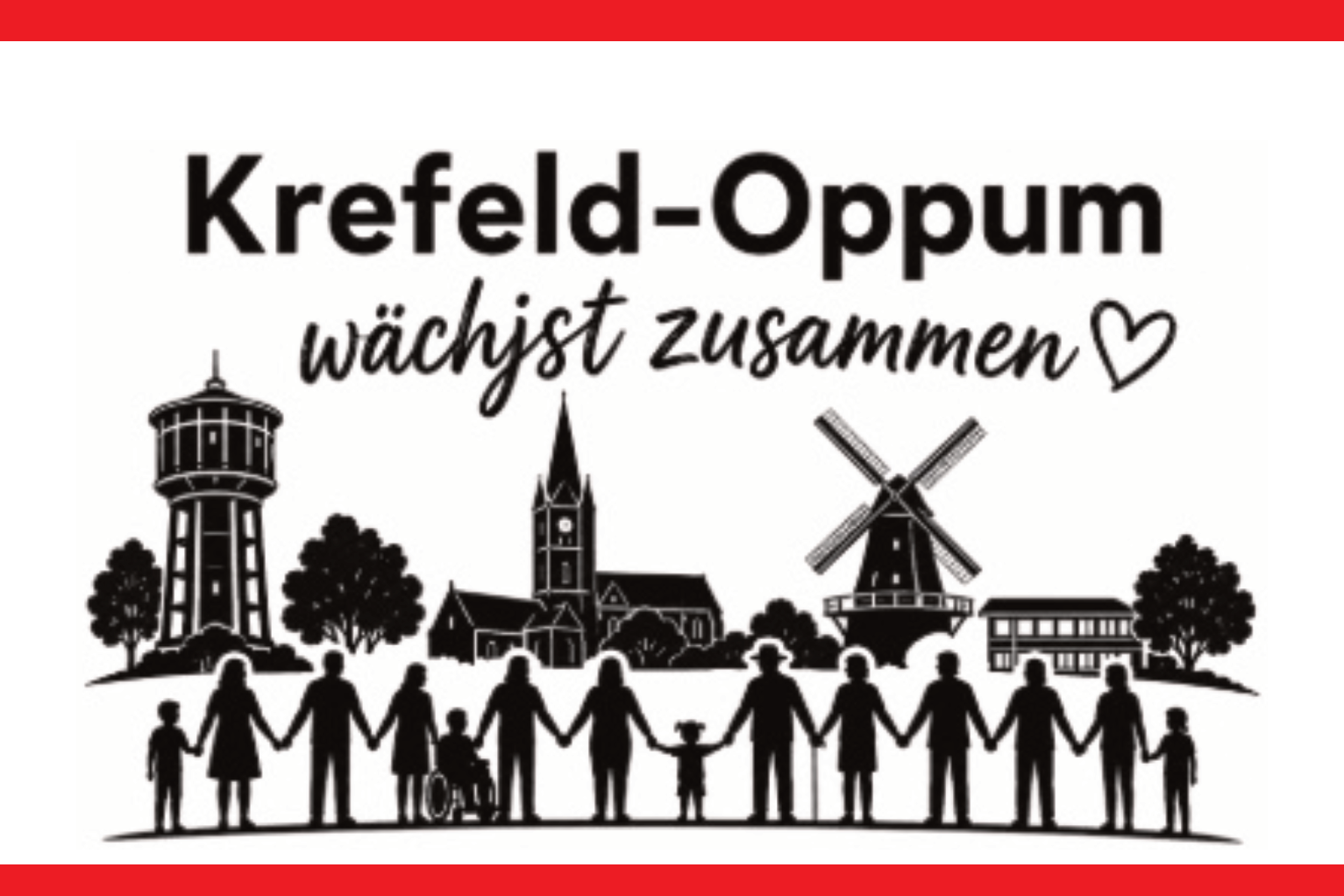 In einem roten Kasten: Schwarz-weiße Linienzeichnung mit Silhouetten von Menschen, die sich an den Händen halten, vor einer Stadtsilhouette mit Wasserturm, Kirche und Windmühle, darüber der Schriftzug 'Krefeld-Oppum wächst zusammen' mit Herzsymbol