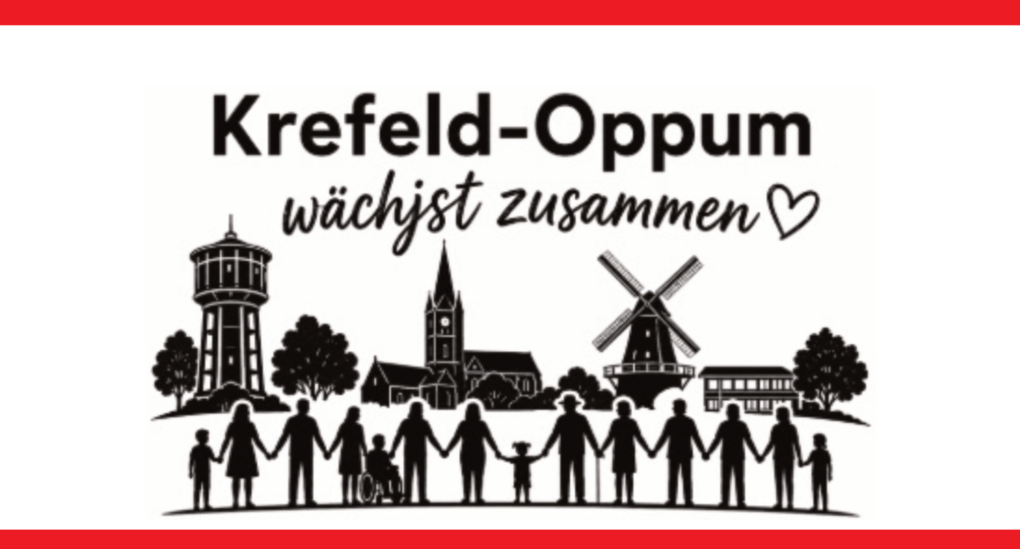 In einem roten Kasten: Schwarz-weiße Linienzeichnung mit Silhouetten von Menschen, die sich an den Händen halten, vor einer Stadtsilhouette mit Wasserturm, Kirche und Windmühle, darüber der Schriftzug 'Krefeld-Oppum wächst zusammen' mit Herzsymbol