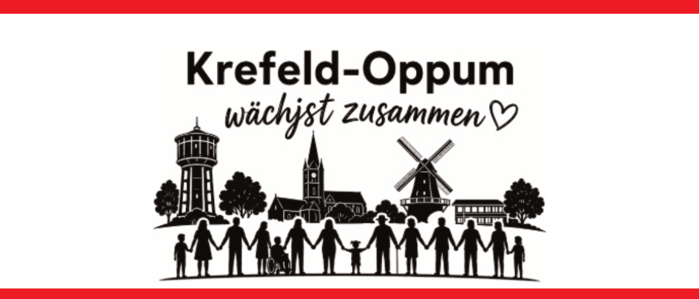 In einem roten Kasten: Schwarz-weiße Linienzeichnung mit Silhouetten von Menschen, die sich an den Händen halten, vor einer Stadtsilhouette mit Wasserturm, Kirche und Windmühle, darüber der Schriftzug 'Krefeld-Oppum wächst zusammen' mit Herzsymbol