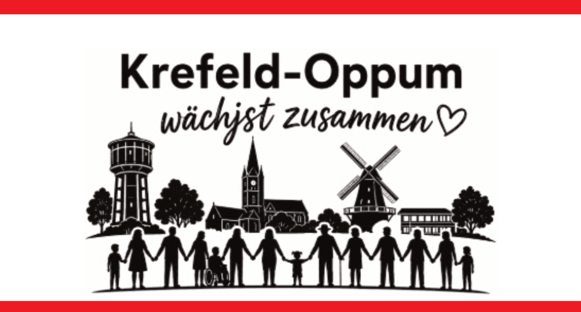 In einem roten Kasten: Schwarz-weiße Linienzeichnung mit Silhouetten von Menschen, die sich an den Händen halten, vor einer Stadtsilhouette mit Wasserturm, Kirche und Windmühle, darüber der Schriftzug 'Krefeld-Oppum wächst zusammen' mit Herzsymbol