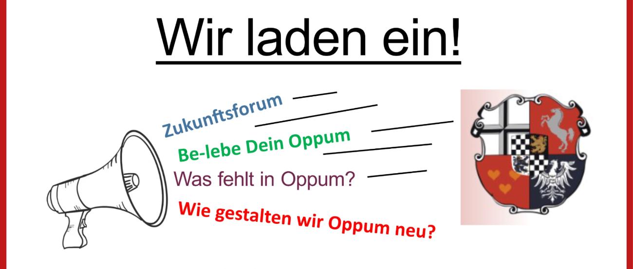 Quadrat mit rotem Rahmen: Worte 'Wir laden ein!' viele Logos verschiedener Oppumer Vereine