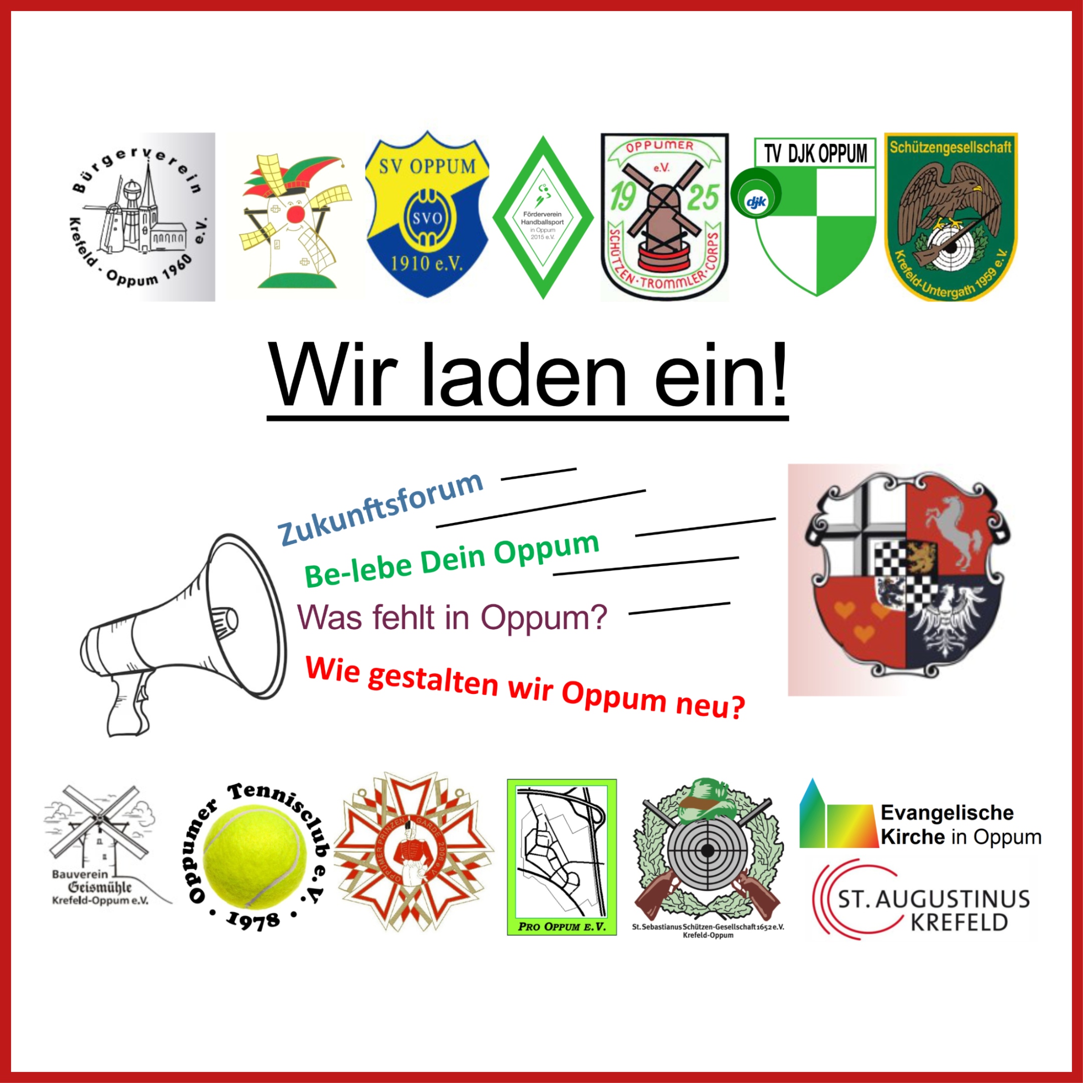 Quadrat mit rotem Rahmen: Worte 'Wir laden ein!' viele Logos verschiedener Oppumer Vereine